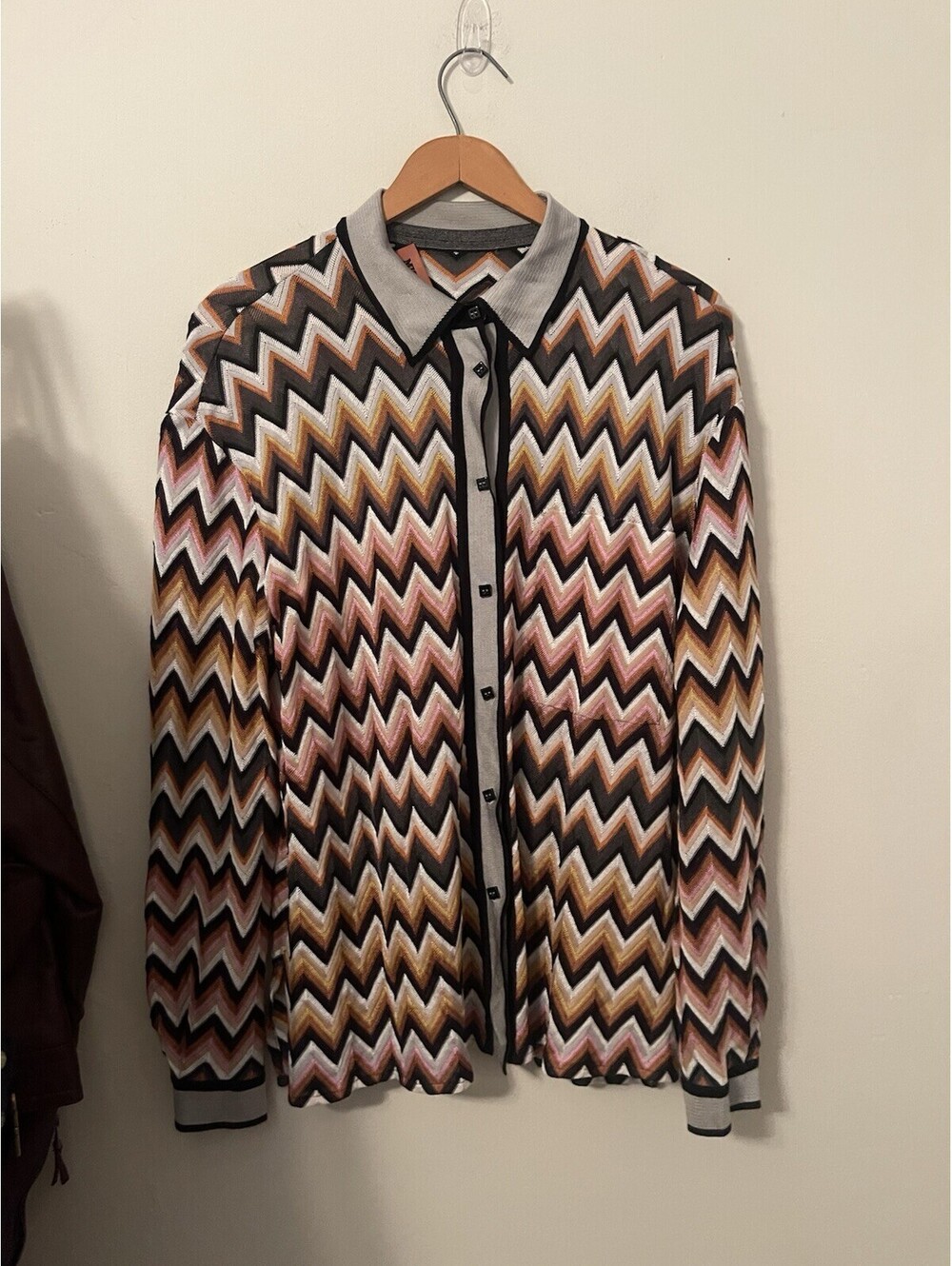 Missoni Zigzag Chevron Print Wool Blend Knit Button Shirt Top Long sleeve 42 L